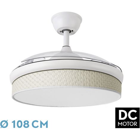 Abrila - Ventilador DC MODA  Color Blanco con tres Aspas Desplegables ABS y Difusor Cañizo Blanco  6 Velocidades Ajustables  3 Temperaturas de Luz  con Temporizador y Mando a Distancia Incluido (1/3)