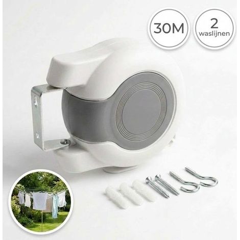 Étendoir à linge 30 m – 2 cordes de 15 m – Enroulable – Blanc – Intérieur et extérieur – Gain de place (1/5)
