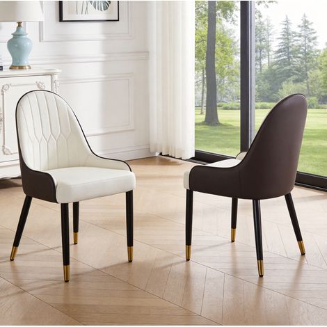 Silla de comedor tapizada en marrón y blanco, revestimiento de PU y patas de metal (1/5)