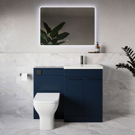 Napoli 390 Deep Blue 1100mm 2 Door Vanity Unit Toilet Suite with Glide Basin - 1100mm - Matt Black 160mm HandleWith Kingston Toilet Pan and Seat
