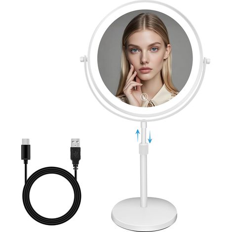 8.7" Miroir Maquillage Grossissant 1X et 10X Double Face avec lumière LED Rechargeable, Miroir Coméstique Hauteur Réglable Pivote à 360° avec 3 Réglages de Couleur(Blanc) (1/5)