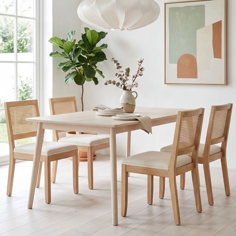 Lot de 4 Chaises Bois Massif et Cannage Beige - Chaise rétro mid-century - Chaise de Cuisine Confortable avec Ressorts (1/5)