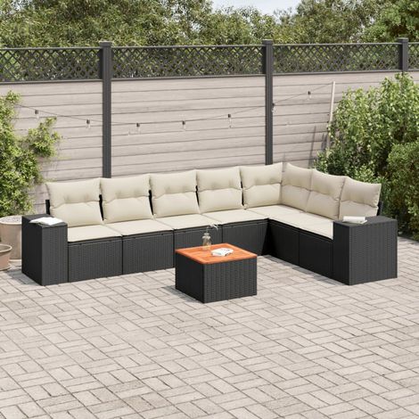 Ensemble Salon Jardin 8 Places Noir Résine Tressée avec Coussins Crème - Table Acacia (1/3)