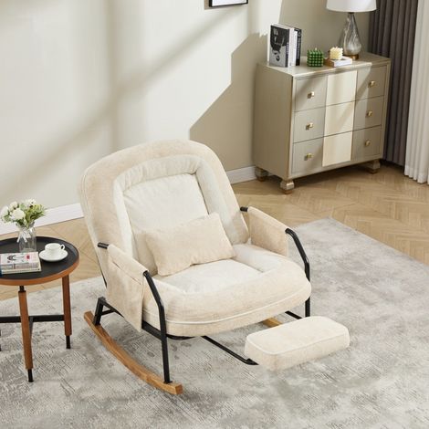 Fauteuil à bascule surdimensionné beige fausse fourrure, repose-pieds, poche latérale, dossier réglable, intérieur extérieur 80x87x95cm (1/5)