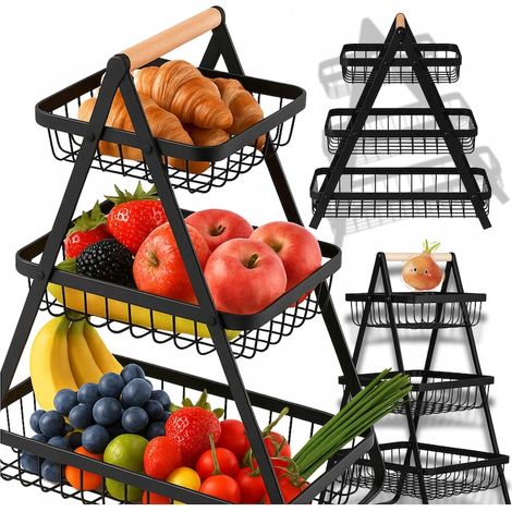Cestino da appoggio in metallo a 3 livelli – Nero opaco con manico in legno, rimovibile, ventilato, organizer per frutta (1/5)