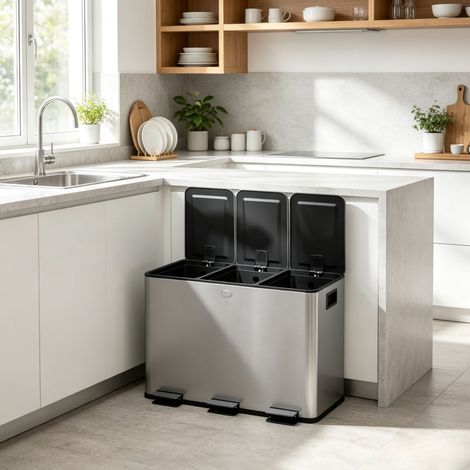 Poubelle de cuisine, système de tri des déchets avec 3 compartiments de 10 L chacun, seaux intérieurs amovibles (1/5)