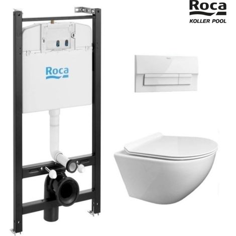 Bastidor ROCA duplo con cisterna empotrada y pulsador PL1 cromo br con inodoro suspendido nebula black mate rimless (1/5)