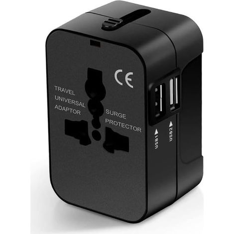 Multiländer-Adapter mit 2 USB-Anschlüssen, ideal für Reisen ins Ausland (schwarz) – 1 Stück