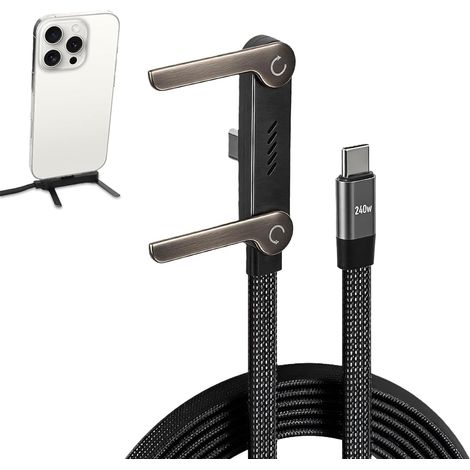 Câble de chargement USB-C vers USB-C 240W avec support latéral invisible et support téléphone intégré, câble tressé 1,5 m pour smartphones et tablettes (noir) (1/5)