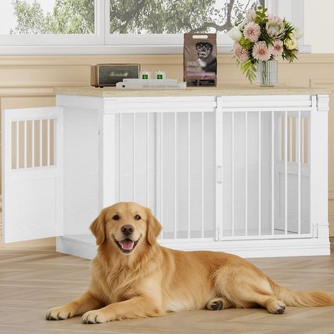 101cm Cage pour Chien, Meuble Cage Chien avec Porte Coulissante, 3 Portes, Table d’Appoint, Niche Moderne Interieur pour Chiens,Chêne Blanc et Blanc