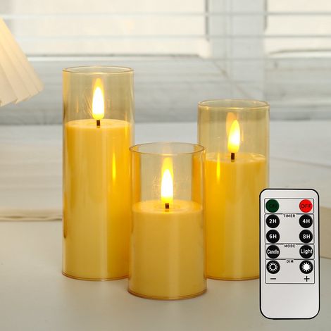 Lot de 3 bougies LED avec télécommande décoration intérieure flamme réaliste bougie d ambiance dimensions 5,5 cm x 10 cm 12,5 cm 15 cm couleur marron (1/5)