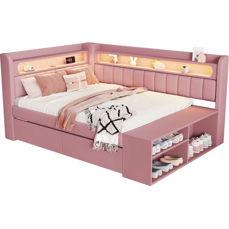 Canapé lit capitonné 90x200 cm avec éclairage led port usb meuble chaussures 2 tiroirs, multifonction gain de place chambre salon, tissu bois pink (1/5)