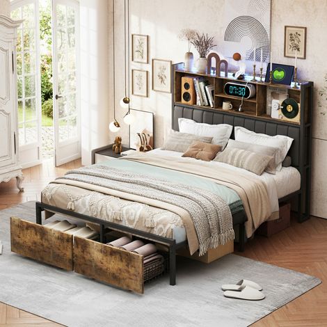 Tanant – Lit avec tiroirs 160x200cm – Structure métal – 2 tiroirs de rangement – Ports USB – Tête de lit avec éclairage LED – Compartiments de rangement (1/5)