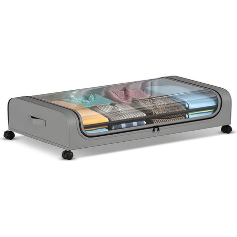 Boîte de rangement sous lit avec couvercle transparent et roues - 80x44x16cm - Capacité 33kg - 2 porte-lattes en aluminium et tissu non tissé - Gris ou Noir - Version 1 ou 2 pièces