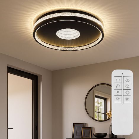 Plafoniera LED telecomando dimmerabile da soggiorno lampada in cristallo effetto 3D, CCT, metallo nero specchiato, 30W 890Lm bianco caldo-freddo, DxH 40x5,5 cm