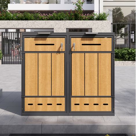 Armadio pattumiera differenziata 132x84.5x118 cm, 2 scomparti, coperchio ribaltabile e porta frontale, acciaio grigio effetto legno (1/5)
