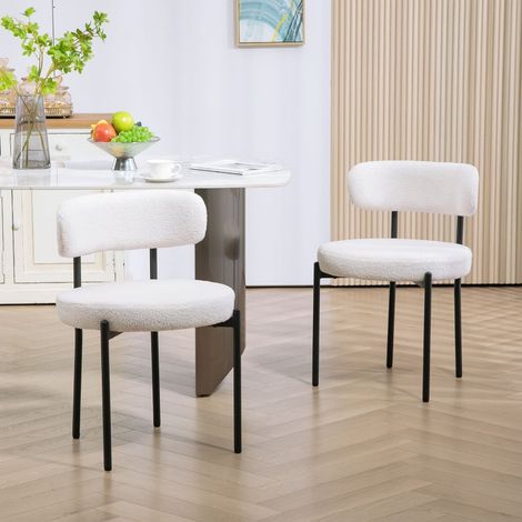 Lot de 2 chaises blanc crème, revêtement polaire, assise rembourrée, piètement métal, confortables (1/5)