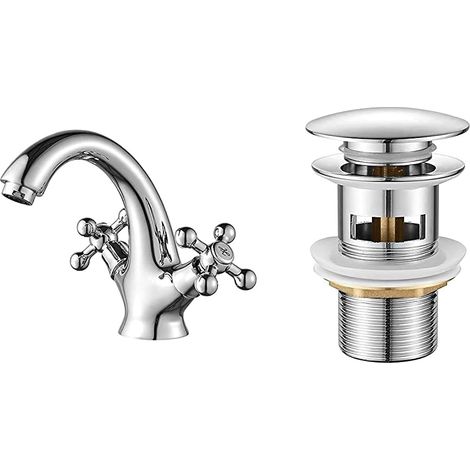 2 robinets de lavabo rétro, mitigeur vintage à deux poignées, bonde à clapet, chromé, pour lavabo percé 6,35 mm (1/5)