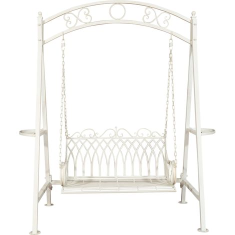 Biscottini – Balancelle de jardin 2 places en fer forgé – Finition blanche antique – Dimensions L198 x PR100 x H220 cm – Construction robuste et stable