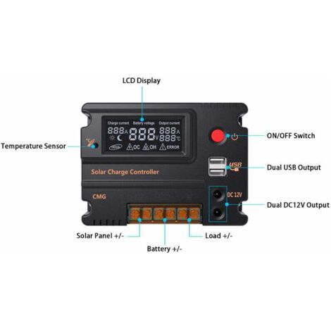 Contrôleur de Charge Solaire LCD 10A 12V 24V - Régulateur de Batterie avec Protection Contre les Surcharges et Compensation de Température (Modèle CMG-2410 10A) (1/5)