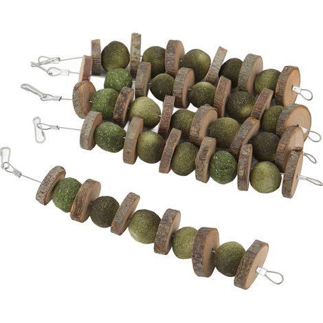 Lot de 5 jouets à mâcher pour lapins, chinchillas, cochons d'Inde et hamsters : bâtonnets en bois de pommier avec boules d'herbe. (1/5)