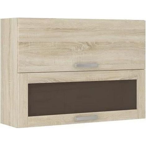 Meuble haut vitre 2 portes basculantes - L 80 x P 31,6 x H 72 - Decor chene sonoma - LASSEN (1/3)