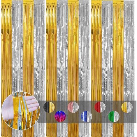 3 pièces Rideau Métallique Frange Or Argent, 1mx2m Scintillants Foil Rideau Shimmer Décoration Foil Or et Argent RIDEAU (1/5)