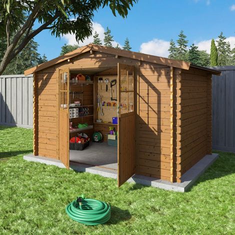 Trigano – Abri de jardin en bois marron 7 m² – Madriers à emboîter – Double porte vitrée – Hauteur de mur généreuse – Traitement autoclave classe 3
