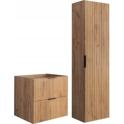 Rodan Badmöbel Set Braun Matt und Eiche Craft, Waschbeckenunterschrank 46 x 60 x 57 cm und Hochschrank 35 x 136 x 27 cm, Soft-Close