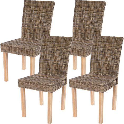 Mendler – Lot de 4 chaises de séjour en rotin kubu – Assise et dossier tressés taupe – Structure en bois massif – Dossier haut pour confort (1/2)
