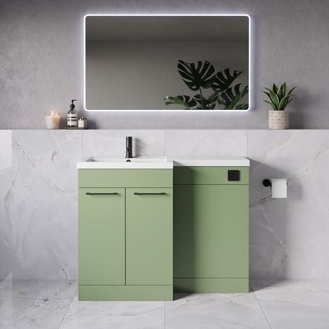 Napoli 390 Olive Green 1100mm 2 Door Vanity Unit Toilet Suite with Square Left Hand Lucia Basin - 1100mm - Matt Black 160mm HandleWithout Kingston Toilet Pan