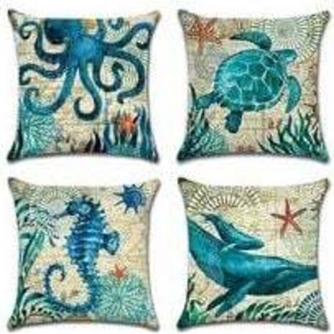 Extérieur Housse De Coussin, Lot De 4 Imperméable La Vie Marine Bleue Motif Canapé Taie D'oreiller Pour Patio Jardin Salon Chambre Décoration, 45x45cm (1/4)