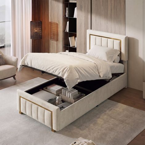 Lit Simple 90 x 200 cm avec Rangement de Hydraulique, Lit Coffre avec Tête de Lit et Sommier à lattes, Lit rembourré, Velours Beige (1/5)