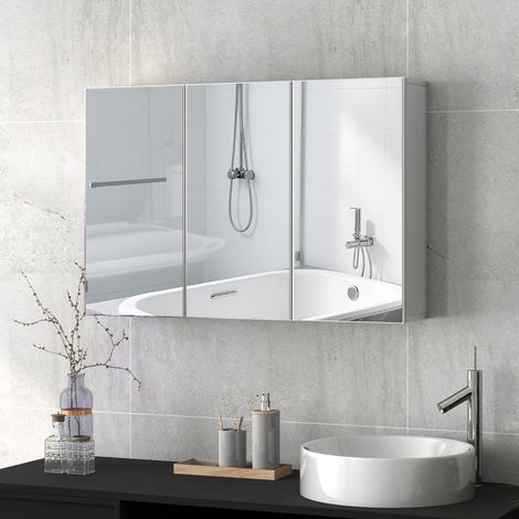 Badezimmerspiegelschrank, Badschrank mit 3 Spiegeltüren, Wandmontage, 90 x 15,5 x 60 cm, Spanplatte, Weiß