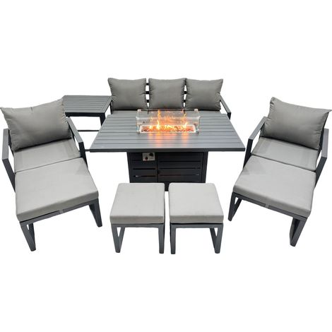 Fimous 9 Seat Outdoor Garden Furniture Set Aluminium Lounge 3 Seat Sofa Gas Fire Pit Table Sets with Chair 4 Stools Side Table Dark Grey