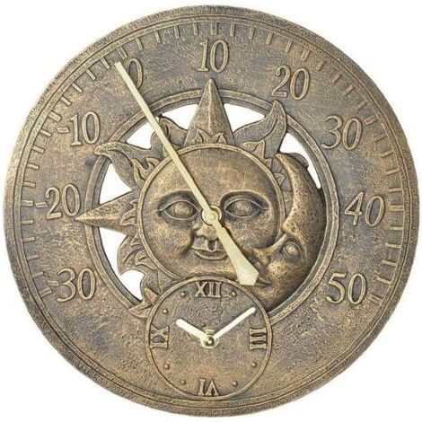 Gartenthermometer, Vintage-Wanduhr, Retro-Dekorationsuhr mit Sonnen- und Mondmuster, wasserdicht, für den Außenbereich (1/5)