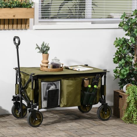Chariot de plage pliable 4 roues bâche amovible poignée hauteur réglable plateau basculant 5 sacs rangement 108 x 55 x 93 cm vert.