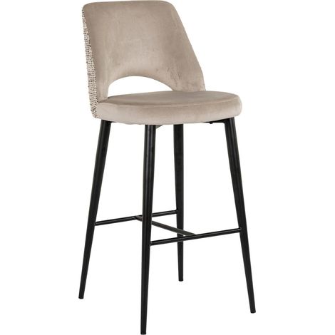 Tabouret de bar velours nature assise confortable pieds noirs - Beige velours naturel et khaki tissé (1/5)