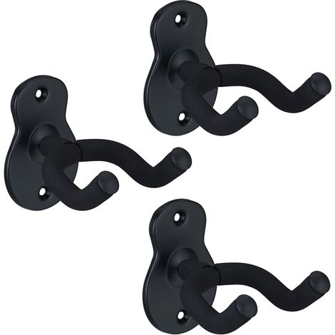 Relaxdays Set of 3 Guitar Holder for the Wall, Rotating Fork, Display, Metal, Rubber Padding, 9.5 x 8 x 12 cm, Black