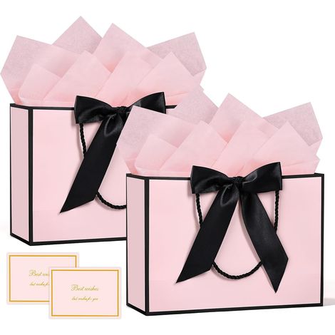 Bolsas de regalo de papel - 2 bolsas grandes con asas, paquete de lujo de 28x20x10 cm con lazo + 2 tarjetas + 4 pañuelos de papel para fiestas de cumpleaños y bodas (rosa-negro) (1/5)