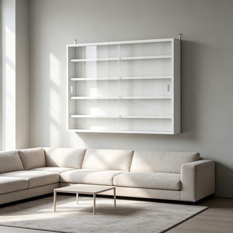 Wandvitrine 80x60x9,5 cm, Glas, 2 Schiebetüren, 4 Regalböden verstellbar, weiß (1/5)