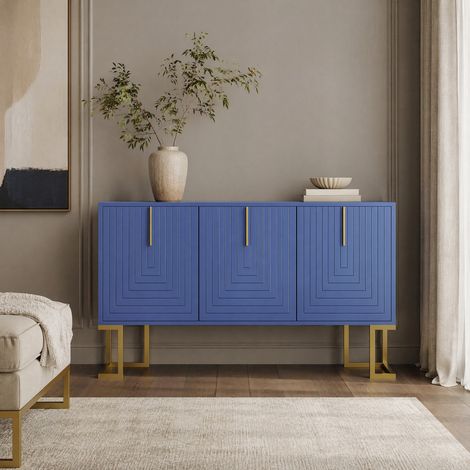 MEUBLIV Buffet 3 portes bleu marine – étagères réglables, poignées métal, 138 cm (1/5)