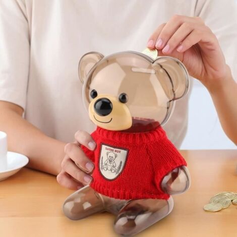 ZJCHAO Décoration de Maison Tirelire Tirelire Ours Mignon Dessin Animé Vêtements en Plastique Transparent (Rouge) (1/4)