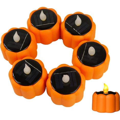 Bougies lumineuses LED citrouille d'Halloween - Bougies chauffe-plat LED étanches, rechargeables et sans flamme avec capteur de lumière pour lanterne, fenêtre ou extérieur (1/5)