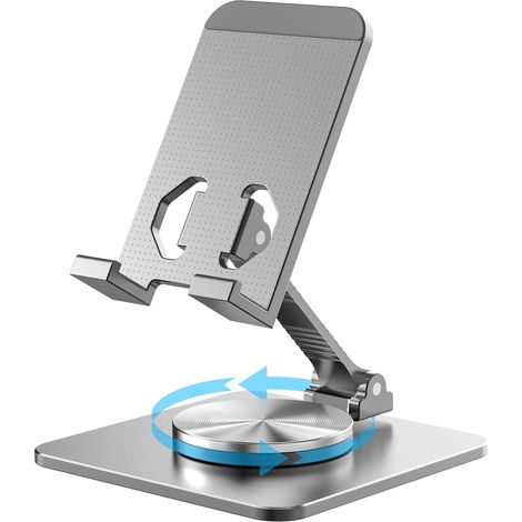 Support pour téléphone et tablette, support réglable en aluminium, rotation à 360°, base stable, conception portable, convient aux appareils de 4 à 9,7 pouces, gris. (1/5)