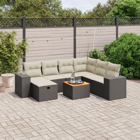 Ensemble Jardin 8 Places Noir Résine Tressée - Salon Extérieur avec Table Acacia et Coussins Crème - Meuble Terrasse Modulaire (1/4)