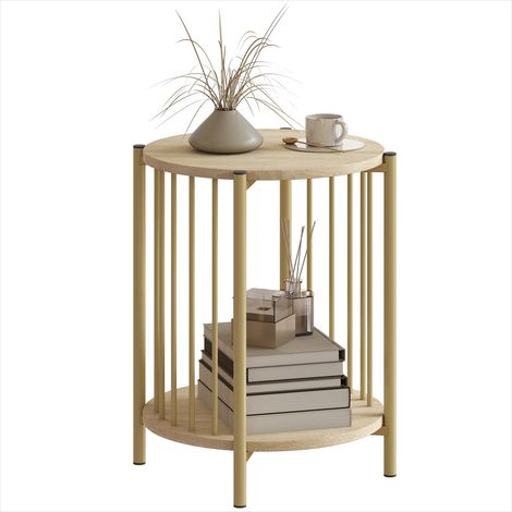 Table d'appoint ronde effet bois naturel et acier doré, 2 niveaux, style contemporain, Ø 41 x 49 cm (1/5)