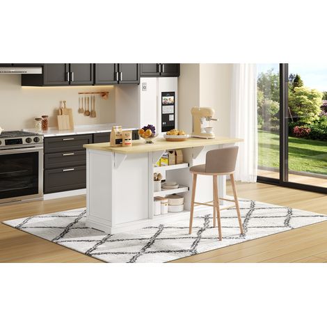 Sideboard îlot de cuisine MDF blanc et naturel 150x65x75,5 cm, 5 tiroirs, 2 plateaux coulissants, rallonge pliante, prises et USB (1/5)