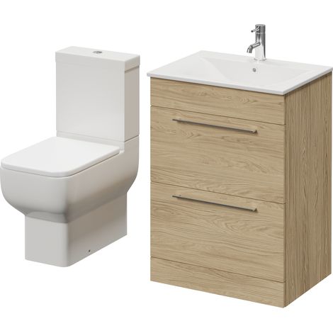Napoli 460 Light Oak 600mm 2 Drawer Vanity Unit and Tacoma Comfort Height Toilet Suite with Angel Basin - 600mm - Chrome 320mm Handle