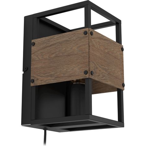 EGLO Wandleuchte innen Evesham, Wandlampe mit Stecker, Wandbeleuchtung aus Metall in Schwarz und Holz in Dunkelbraun, Wand Lampe für Flur und Wohnzimmer, E27 Fassung (1/5)